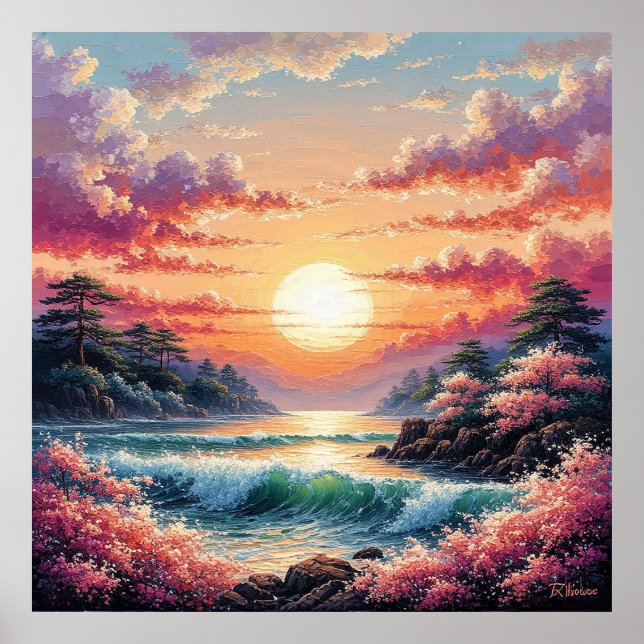 Poster Coucher de soleil vif sur les vagues océaniques (Devant)