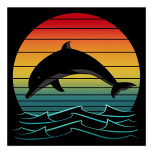 Poster Coucher de soleil vintage dauphin océan