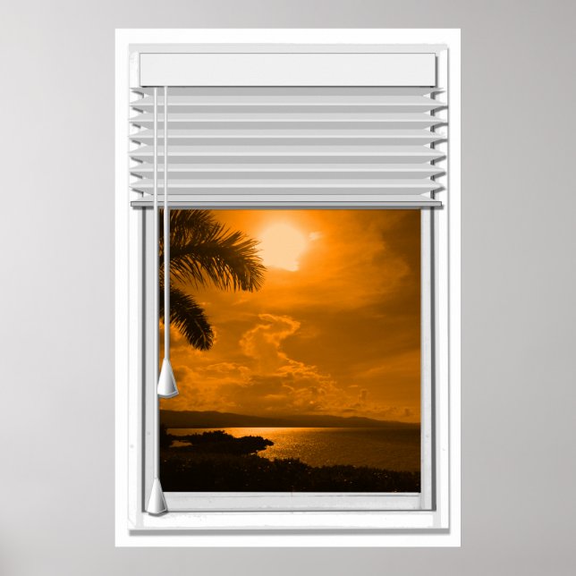 Poster Coucher De Soleil Vue Mer Fenêtre Faux Avec Aveugl (Devant)