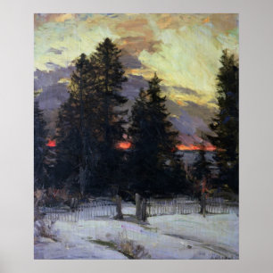 Poster Coucher du soleil au-dessus d'un paysage d'hiver,