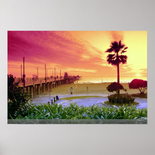 Poster Coucher du soleil, pilier de Huntington Beach, la