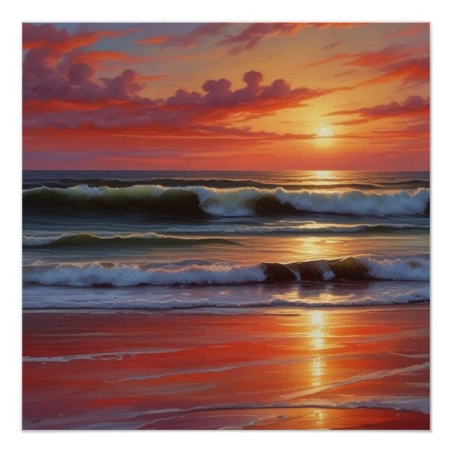 Poster Coucher Rouge Océan Peinture de paysage marin (Devant)