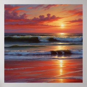 Poster Coucher Rouge Océan Peinture de paysage marin