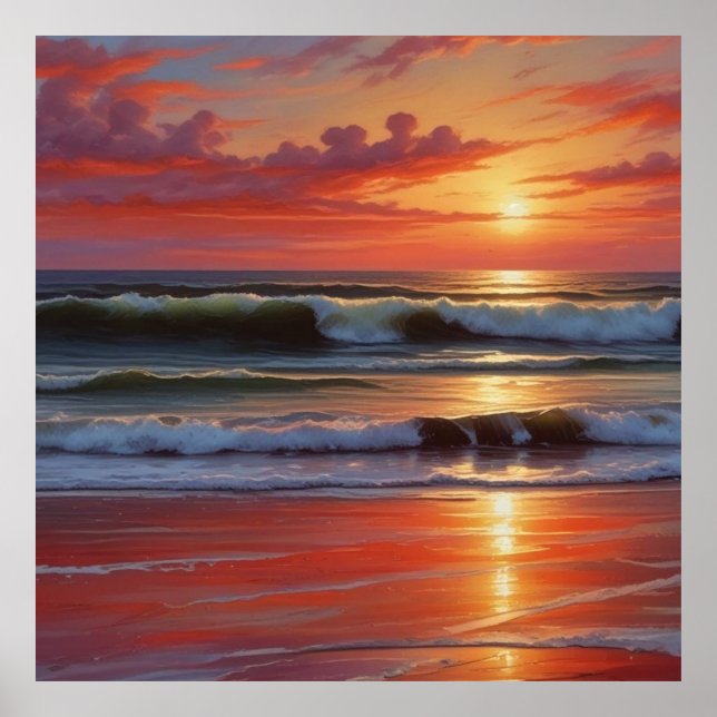 Poster Coucher Rouge Océan Peinture de paysage marin (Devant)