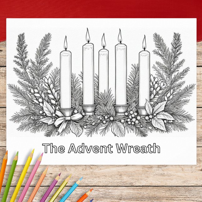 Poster Couleur de l'image dans la couronne et les bougies (A poster to color featuring a traditional Advent wreath of candles and festive greenery)