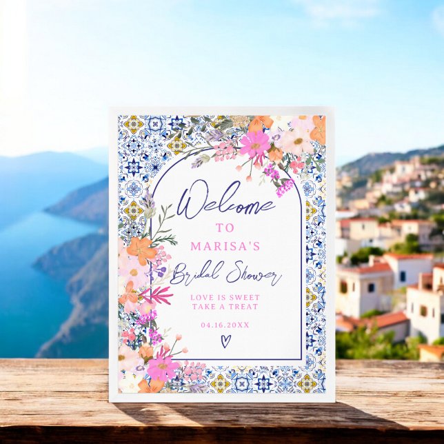 Poster Couleur d'eau bleu italien bienvenue à la nuptiale (Italian blue tile watercolor floral bridal welcome poster)