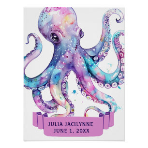 Poster COULEUR D'EAU COLORÉE OCTOPUS AVEC NOM Anniversair