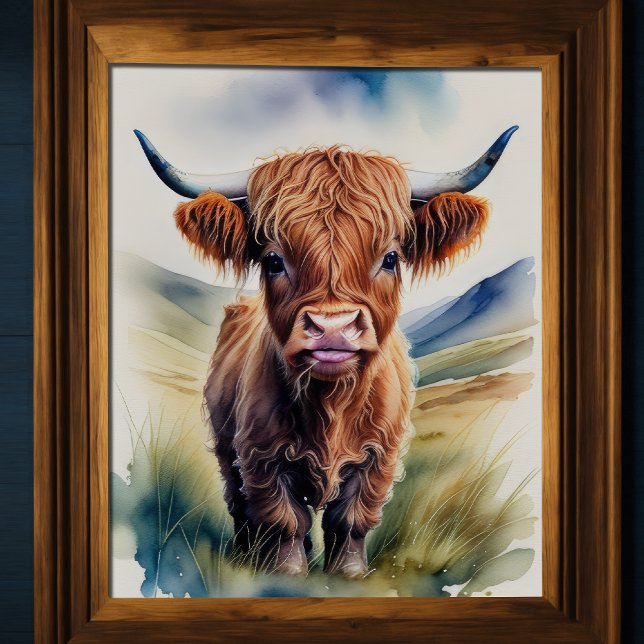 Poster Couleur d'eau mignonne Peinture d'une vache des Hi (Créateur téléchargé)