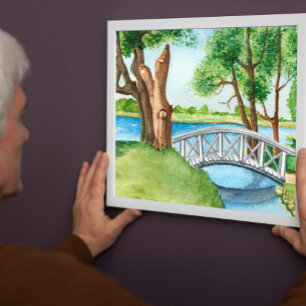 Poster Couleur d'eau paysage naturel avec pont en bois