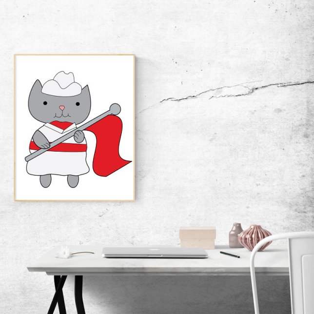 Poster Couleur Garde Chat Rouge Blanc (This poster features a cute gray cat wearing a red and white color guard uniform.)