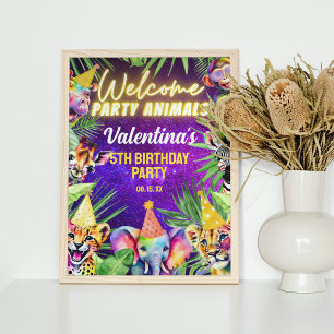 Poster Couleur Neon Llow Safari Party Animaux Bienvenue