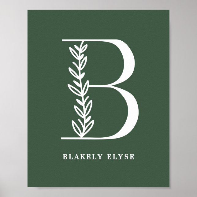 Poster Couleur personnalisée Monogramme floral Lettre B N (Devant)