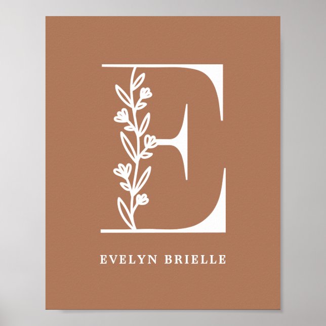 Poster Couleur personnalisée Monogramme Floral Lettre E N (Devant)