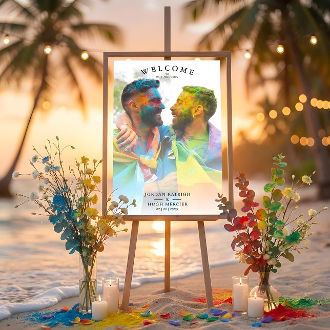 Poster Couleurs arc-en-ciel simples Mariage LGBT engagé c (Simple Rainbow Colors LGBT Design with Engaged Couple Photo.)