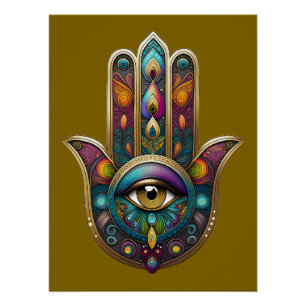 Poster Couleurs de paon Hamsa avec troisième œil en or