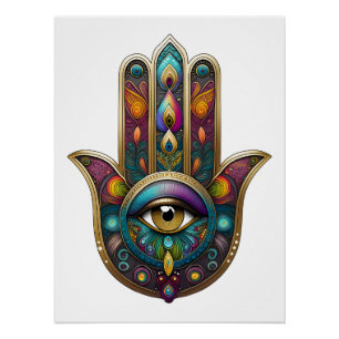Poster Couleurs de paon Hamsa avec Troisième Œil en or