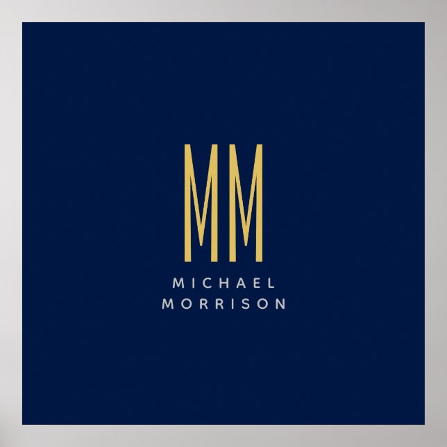 Poster Couleurs d'or bleu Monogramme Lettres initiales No (Devant)