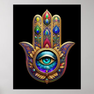Poster Couleurs Paon Doré Hamsa Saphir Vert Troisième Œil