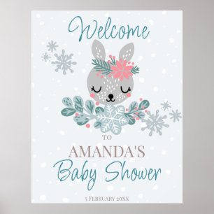 Poster Couleurs pastel baby shower lapin d'hiver accueil