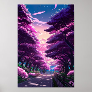 Poster Couleurs pourpres de l'allée de fleurs de cerisier