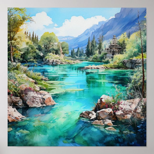 Poster Couleurs vives de la rivière Mountain Peinture aqu (Devant)