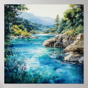 Poster Couleurs vives de la rivière Mountain Peinture aqu