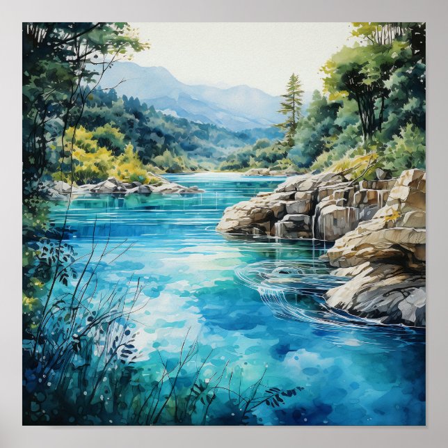 Poster Couleurs vives de la rivière Mountain Peinture aqu (Devant)