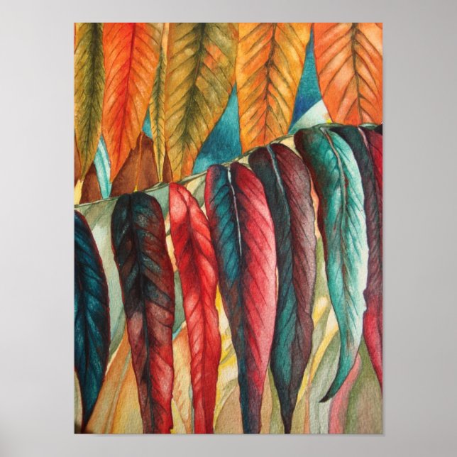 Poster couleurs vives stylisées grandes feuilles d'autum (Devant)