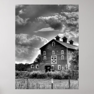 Poster Country Barn Clouds in Black and White
