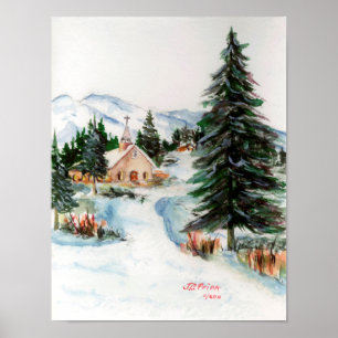 Poster Country Church in Winter Watercolor Mountain Scene