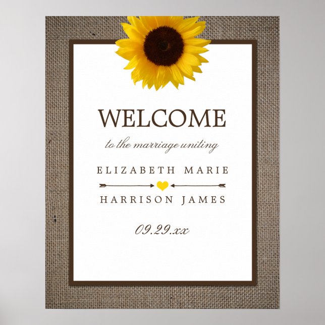 Poster Country Rustic Sunflower & Burlap Mariage Bienvenu (Devant)
