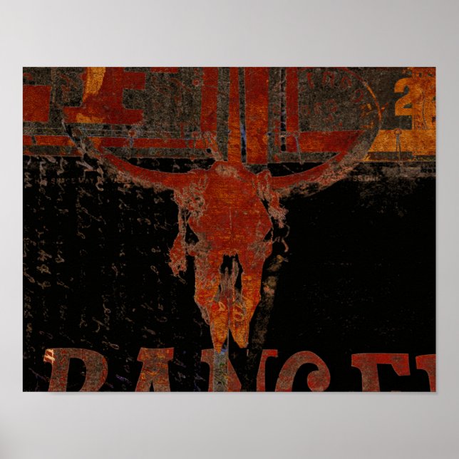 Poster Country Western Bull Skoule Script de rouille Vint (Devant)