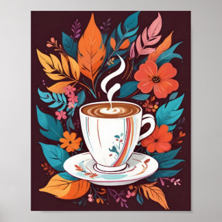 Poster Coupe de café Espresso murale avec des feuilles co