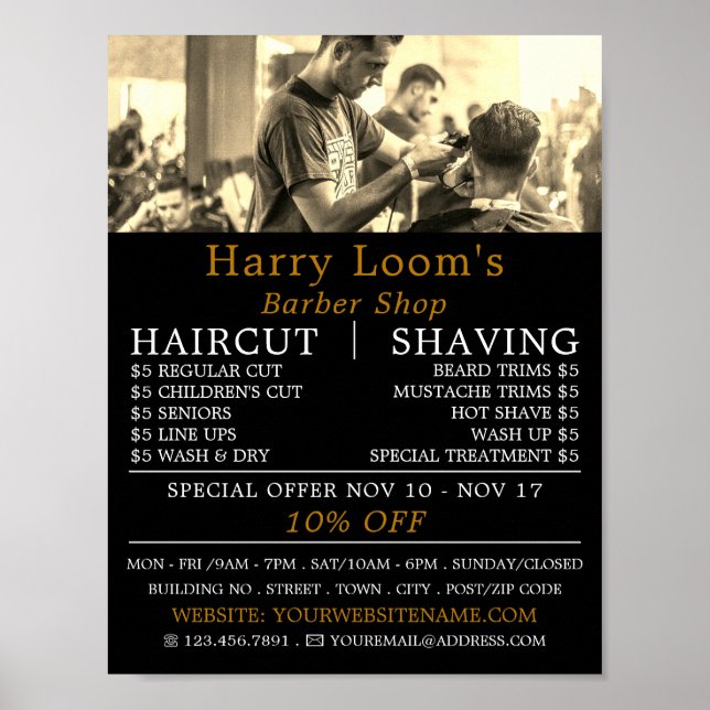 Poster Coupe de cheveux, Barbiers pour hommes publicité (Devant)