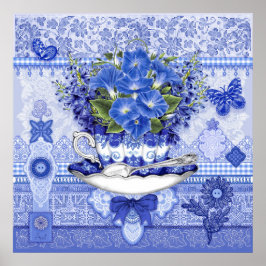 Poster Coupe et fleurs de porcelaine bleue