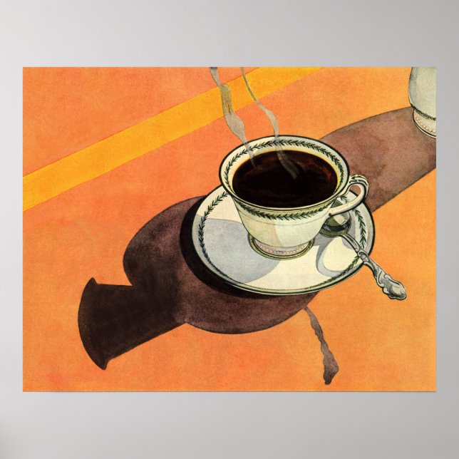 Poster Coupe vintage de café, soucoupe, cuillère, dîner r (Devant)