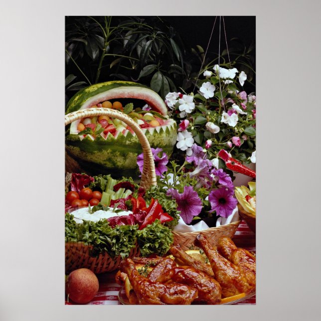 Poster Couper le panier de fruits de pastèque avec fleurs (Devant)