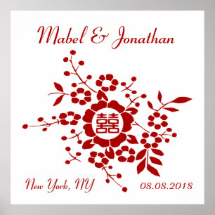 Poster Coupes de papier floral - Double bonheur blanc