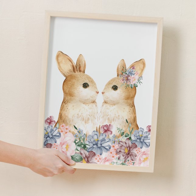 Poster Couple Bunny Fleur Bois Coiffure (Couple Bunny Flower Woodland Nursery Decor)