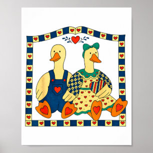 Poster Couple de canards d'art populaire avec des cœurs d