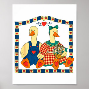 Poster Couple de canards d'art populaire avec fleurs Mais