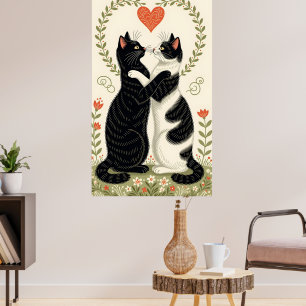 Poster Couple de chats amoureux du coeur floral