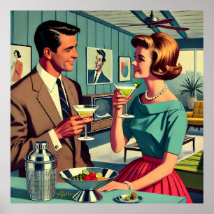 Poster Couple de fête de cocktail de milieu de siècle - C