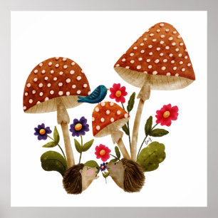 Poster Couple de hérissons mignons et champignons