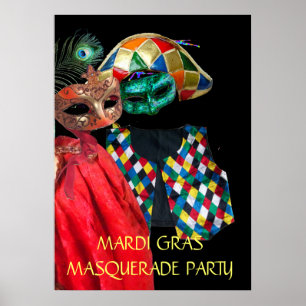 POSTER COUPLE DE MARDI GRAS MASQUÉ, COSTUME D'ARLEQUIN