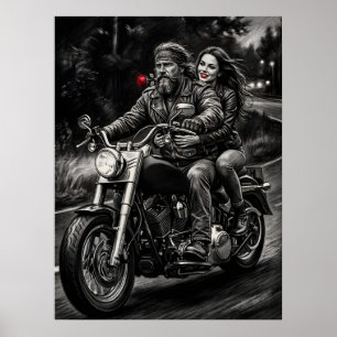 Poster Couple de Motards Romance de Nuit en Moto