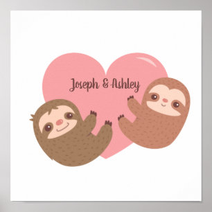 Poster Couple de paresseux mignon se serrant dans un cœur