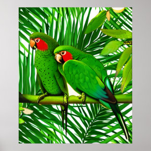 Poster Couple de perroquets verts dans un décor de jungle