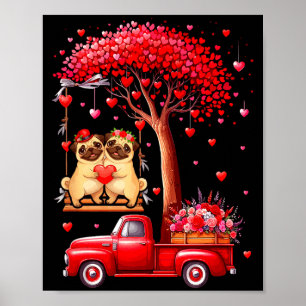 Poster Couple de Pug Valentines coeurs arbre camionnette