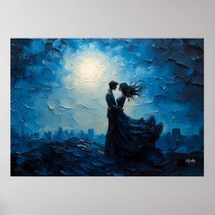 Poster Couple de romance embrassé sous la lune Scénique S